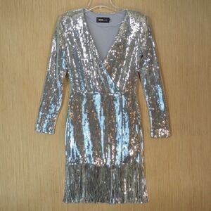 Nova Luxe Silver Sequin Fringe Mini Dress Womens Medium Disco Cocktail Party